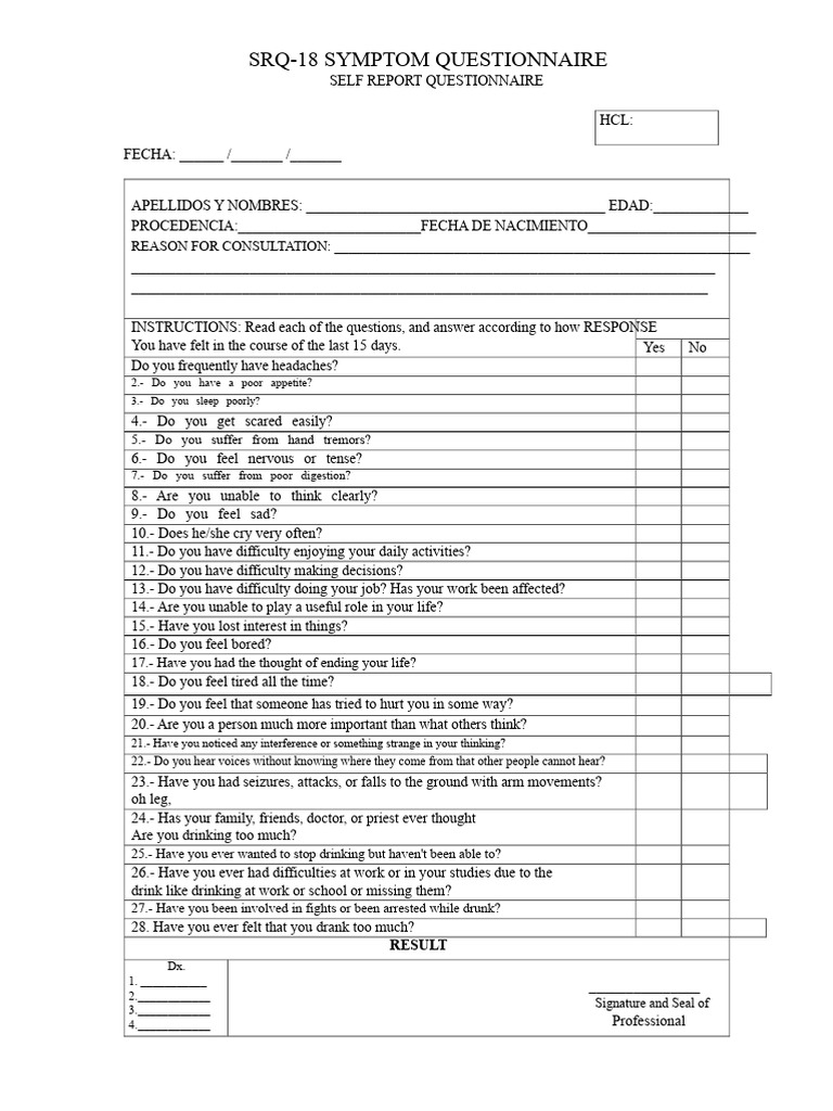 SRQ-18 Depression Symptom Questionnaire | PDF | Diseases And Disorders ...