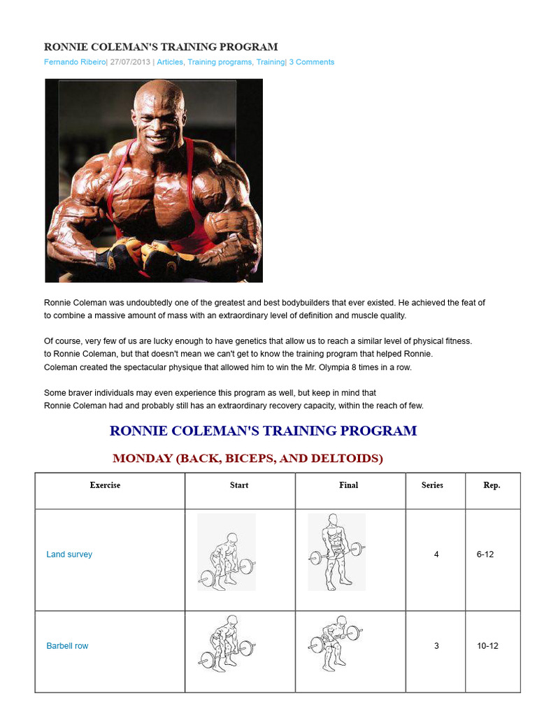 Ronnie Coleman's Bodybuilding Routine | PDF | Weight Training ...