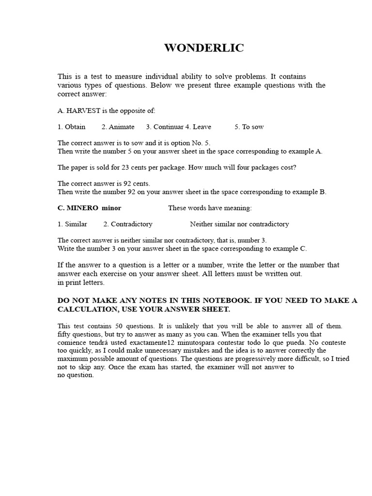 Wonderlic Test Sample Questions | PDF