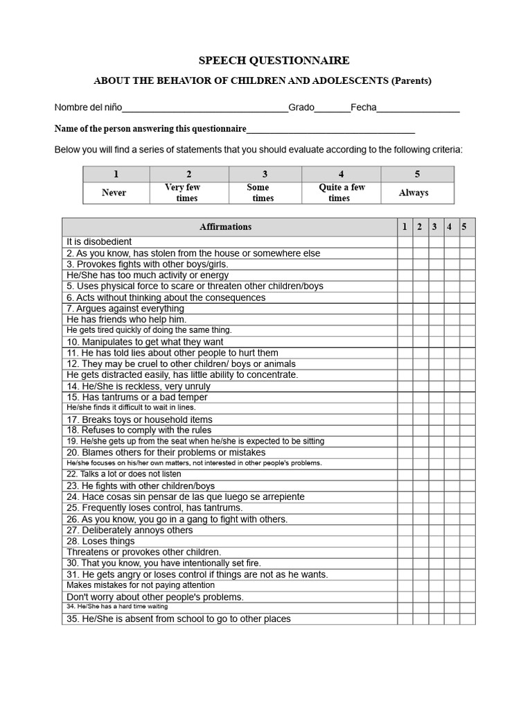 Child Behavior Assessment Questionnaire | PDF | Adolescence | Psychology