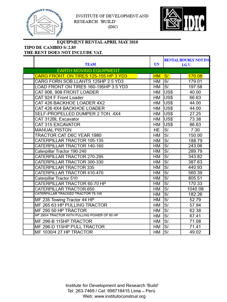 Rental Rates For Machinery and Equipment PDF | PDF | Truck | Loader ...