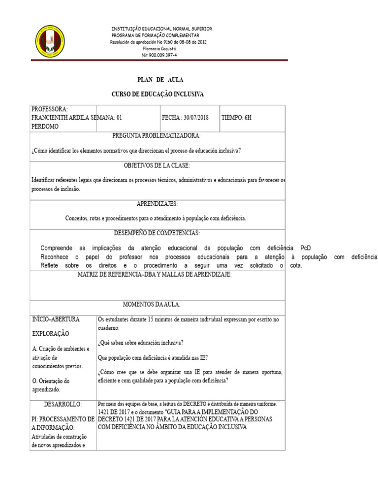 Educação Inclusiva: Plano de Aula e Normas | PDF | Inclusão (Educação ...