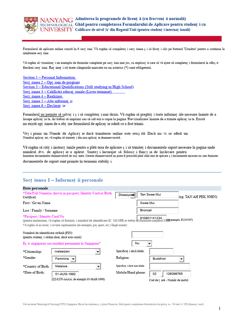 Formular de Aplicare Pentru Ntu | PDF