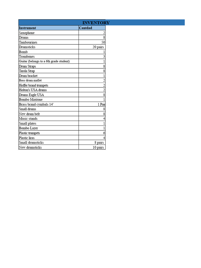 Inventory Band.xlsx | PDF | Percussion Instruments | Rhythm And Meter