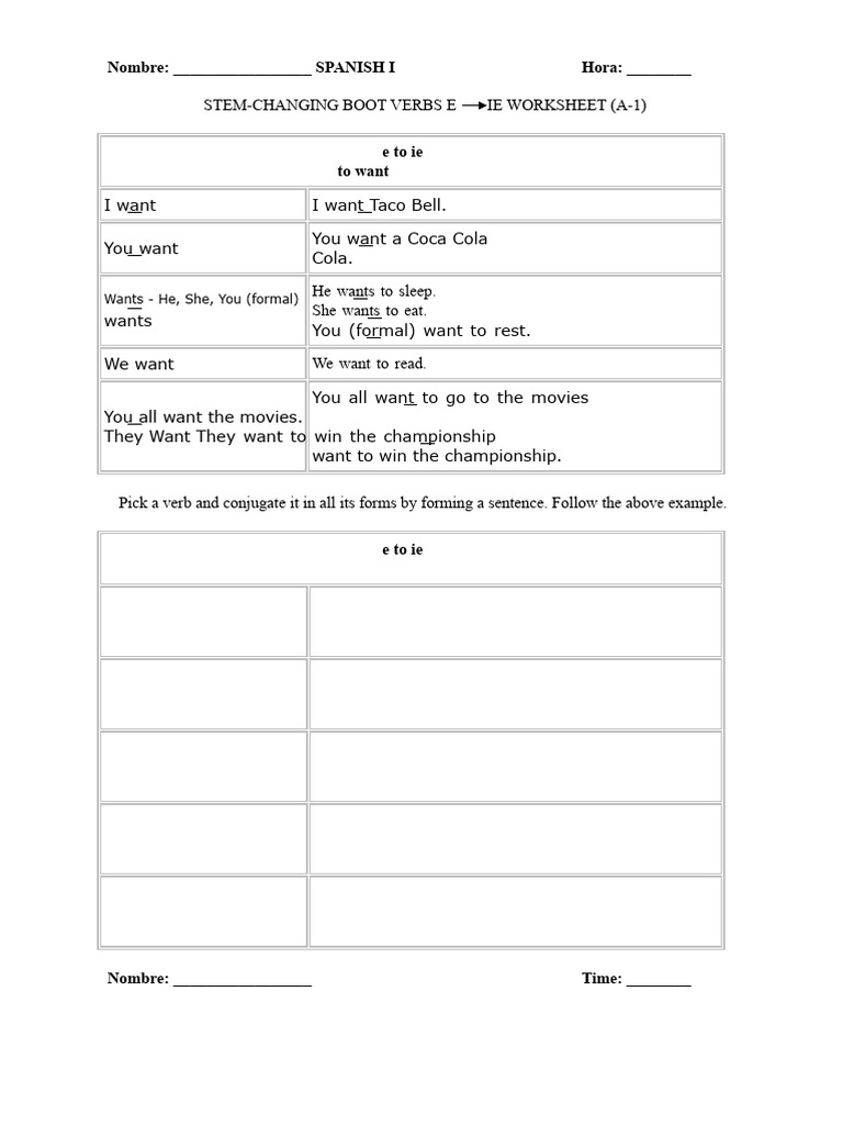 Spanish I Stem-Changing Verb Worksheets | PDF | Linguistic Typology ...