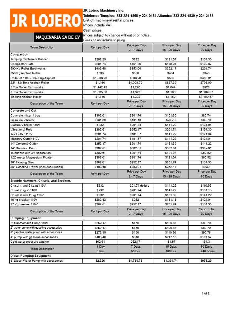 Machinery Rental Price List | PDF | Diesel Engine