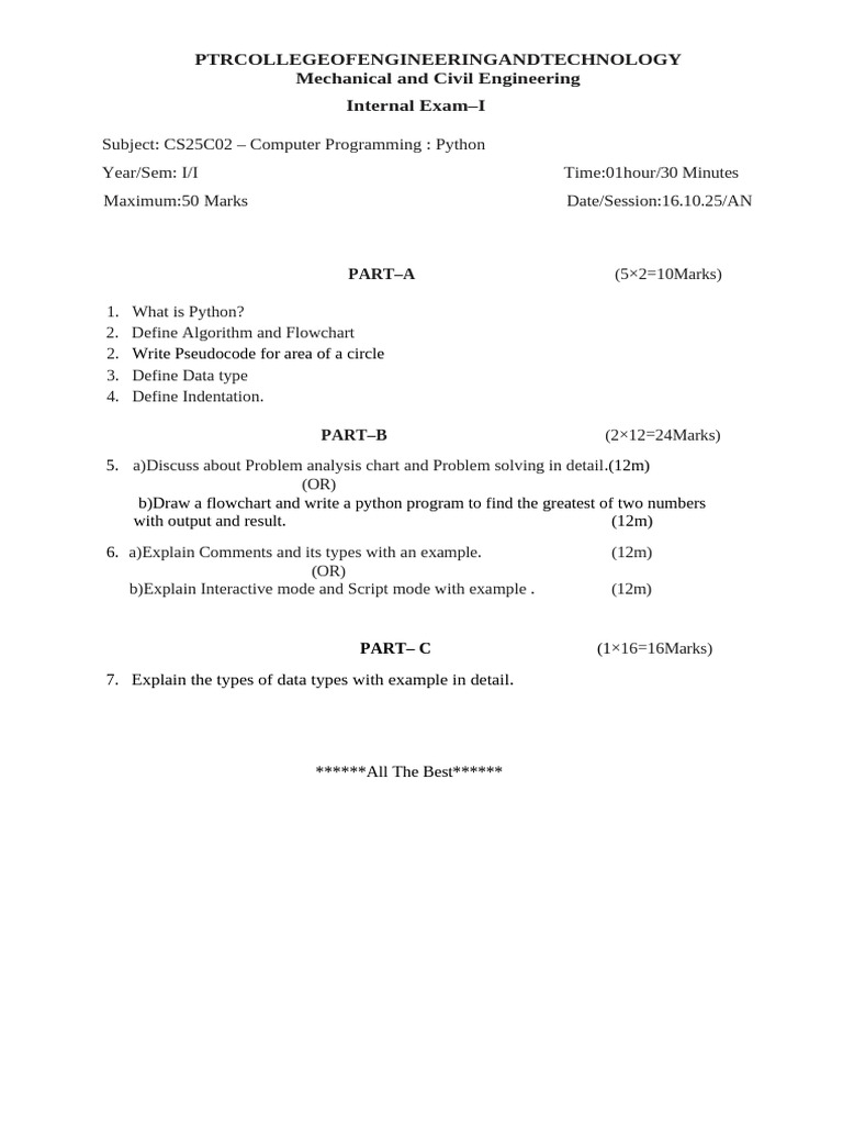 Python Programming Exam Questions | PDF