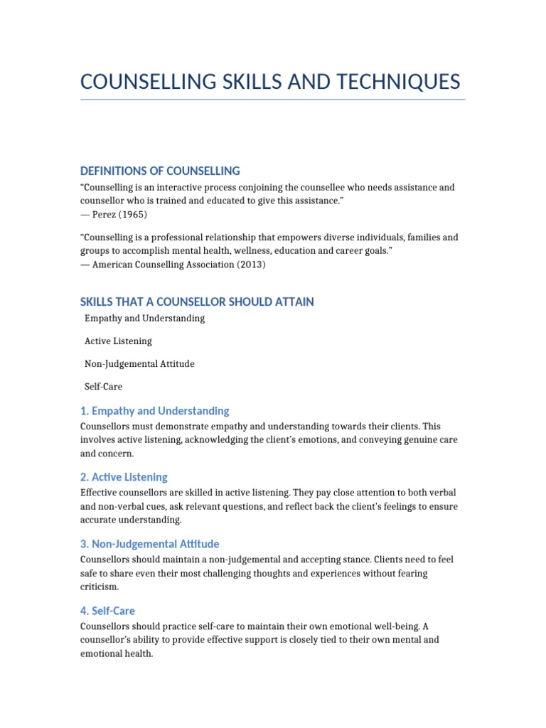 Counselling Skills and Techniques NoDetails | PDF