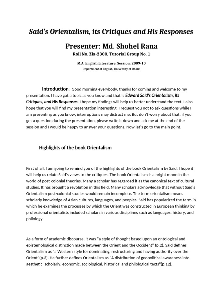 Edward W. Said's Orientalism Discussion | Orientalism (Book