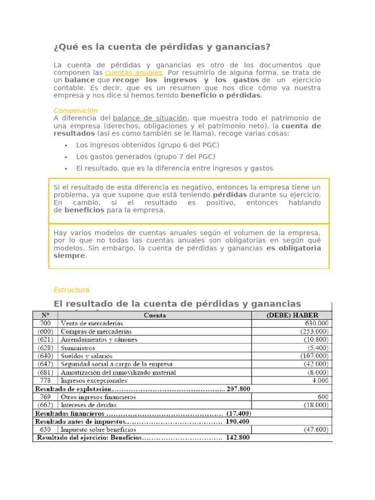 Cuenta de Pérdidas y Ganancias Explicada | PDF | Estado de resultados ...