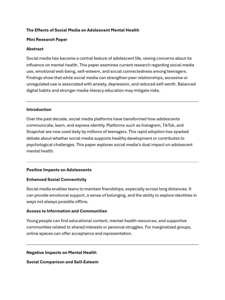 Social Media's Impact on Teen Mental Health | PDF | Adolescence | Self ...