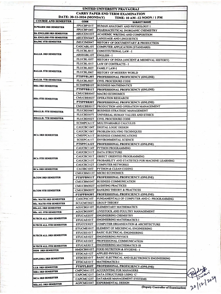 Carry Paper End Term Examination Schedule 2024-25 Odd Semester | PDF