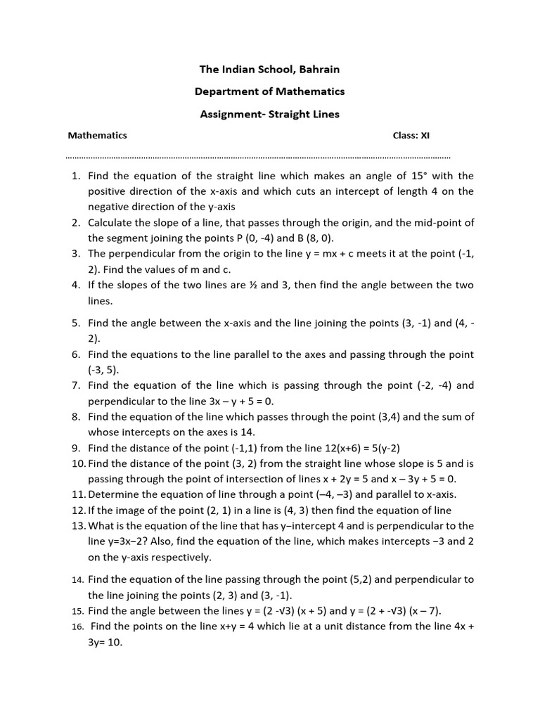 Mathematics Assignment on Straight Lines | PDF | Line (Geometry ...