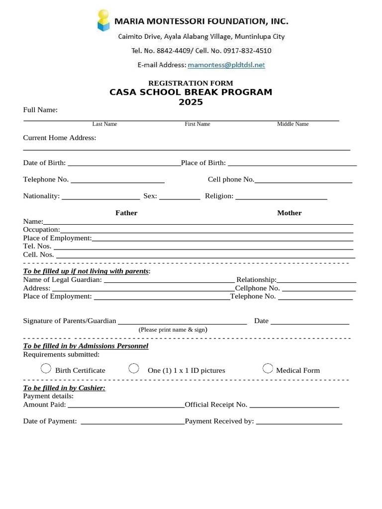CASA School Break Program Registration | PDF | Birth Certificate ...