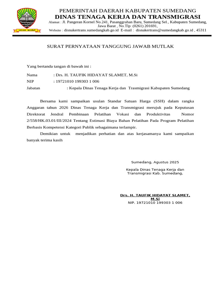Usulan SSH Dinas Tenaga Kerja 2026 | PDF