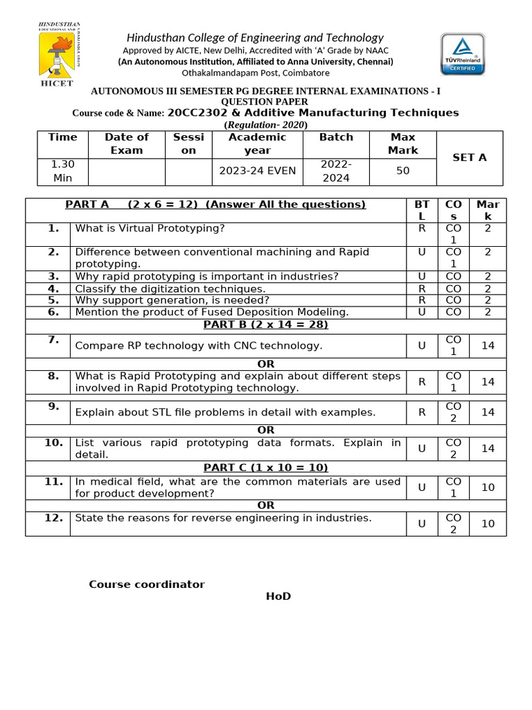Additive Manufacturing Exam Questions | PDF | 3 D Printing | Prototype