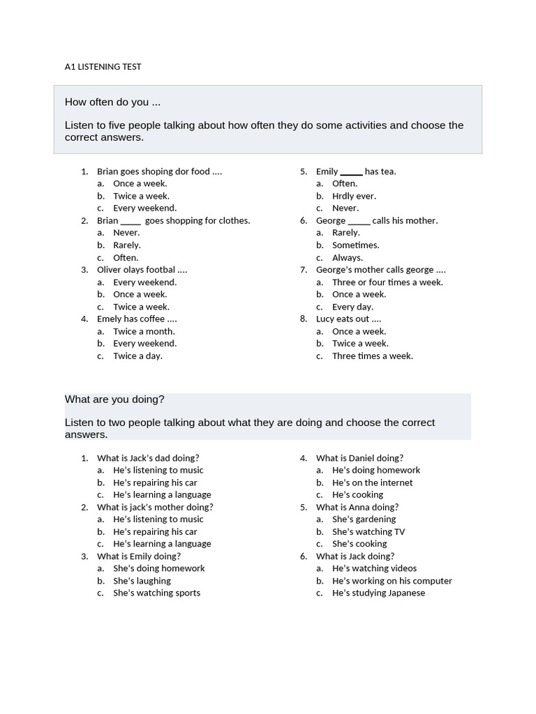 A1 Listening Test 2 | PDF