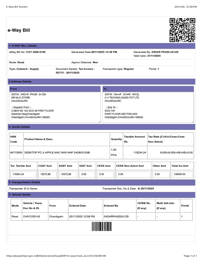 E-Way Bill System C V Technologies PVT LTD r2715 | PDF | Computer ...
