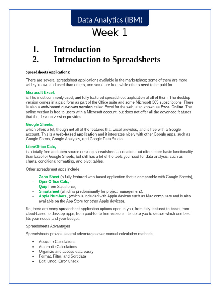 Introduction to Spreadsheet Applications | PDF | Spreadsheet ...