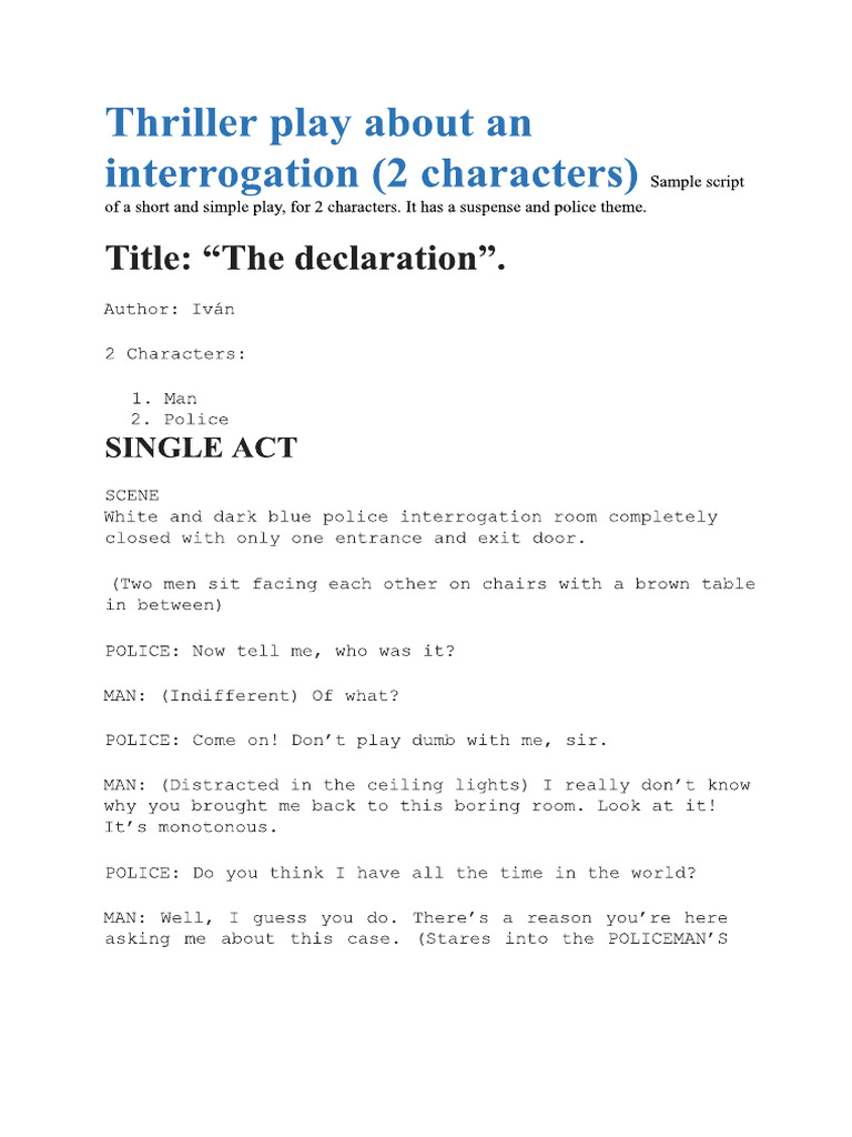 Thriller Play About An Interrogation 2 Characters | PDF