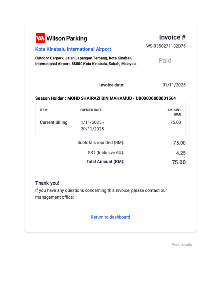 Kota Kinabalu Airport Invoice Details | PDF
