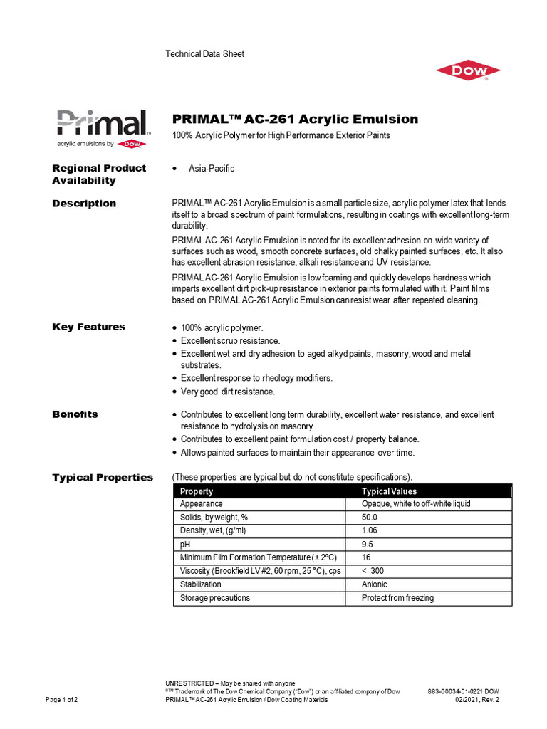 PRIMAL™ AC-261 Acrylic Emulsion Data Sheet | PDF | Paint | Acrylic Paint