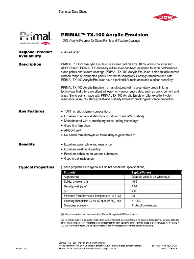 883 00077 01 Primal Tx100 Acrylic Emulsion Tds | PDF | Paint | Acrylic ...