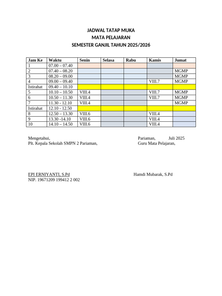 Jadwal Tatap Muka Semester Ganjil 2025 | PDF