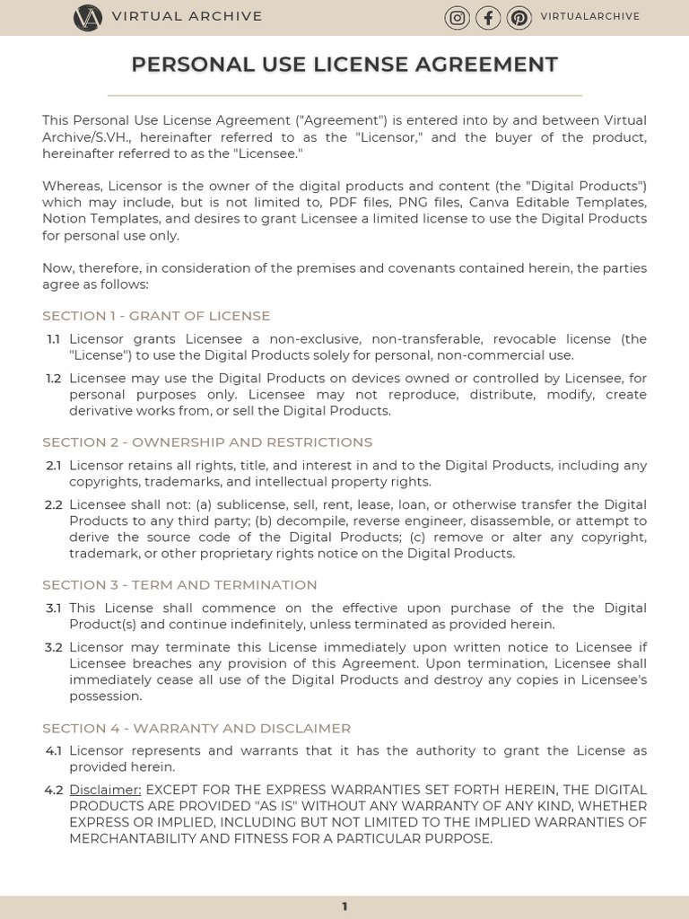 Personal Use License Agreement for Digital Products | PDF | License ...