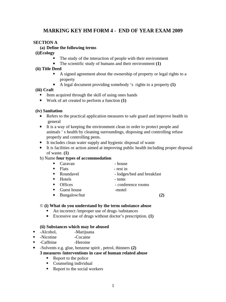 2009 End of Year Exam Marking Key | PDF | Whole Grain | Foods