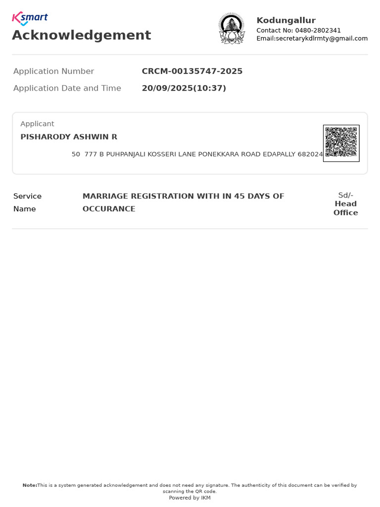 Marriage Registration Acknowledgement | PDF
