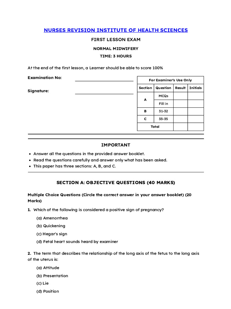 Normal Midwifery Exam Questions Guide | PDF | Pregnancy | Childbirth