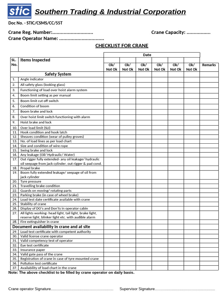 Crane Safety Inspection Checklist | PDF | Crane (Machine ...
