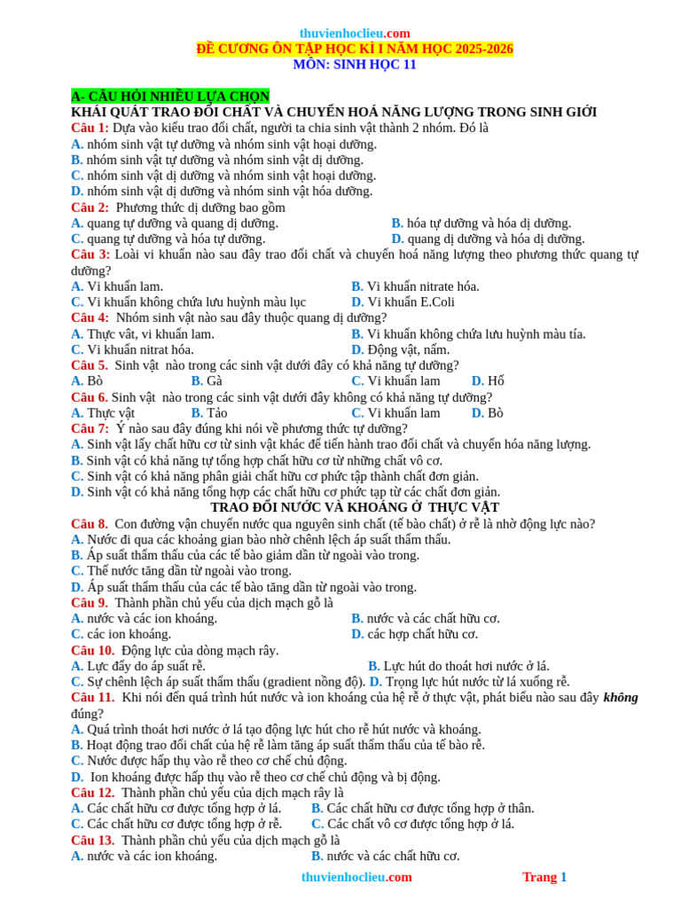 De Cuong On Tap Cuoi HK1 Sinh 11 CTST 25 26 | PDF