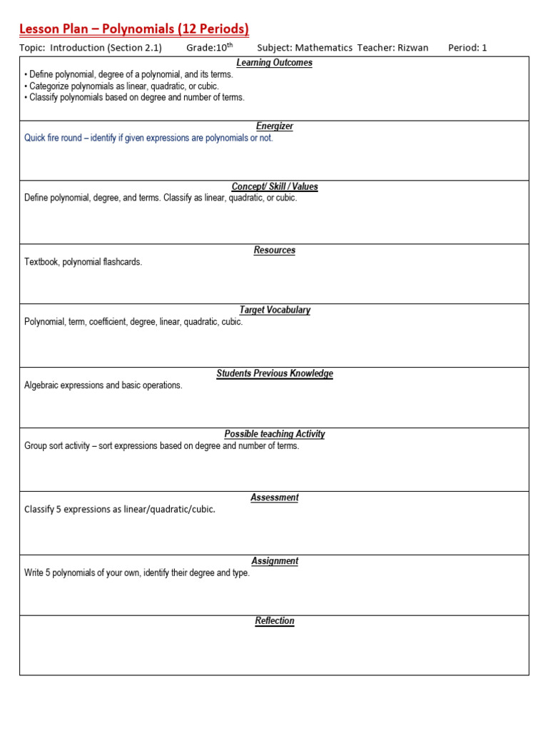 10th Polynomials .Lesson Plan | PDF | Polynomial | Quadratic Equation