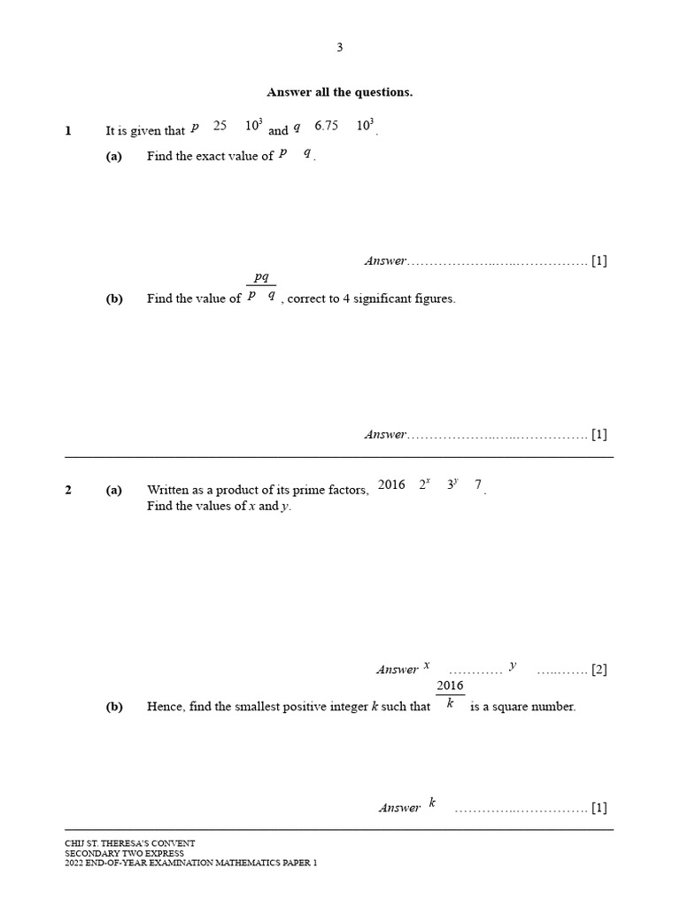 2022 Secondary Two Math Exam Solutions | PDF | Speed | Slope