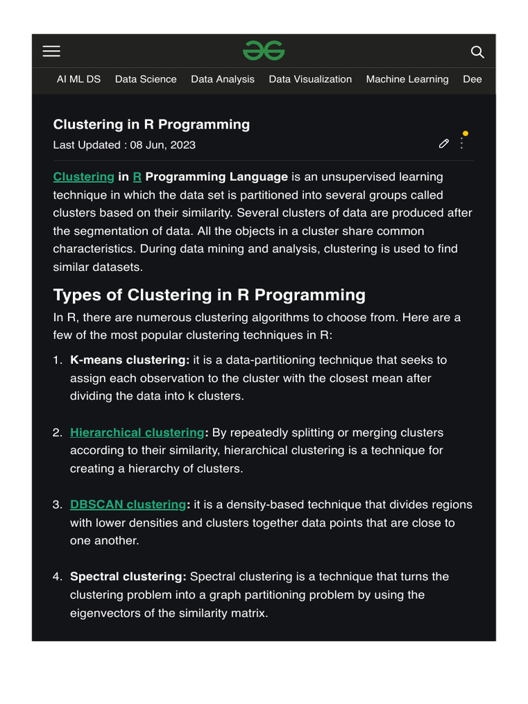 Clustering Techniques in R Programming | PDF | Cluster Analysis | Learning