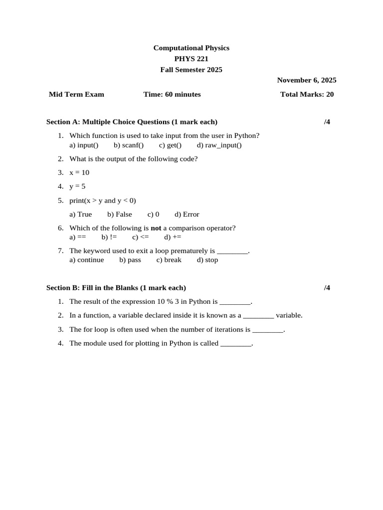 PHYS 221 Midterm Exam: Python Basics | PDF