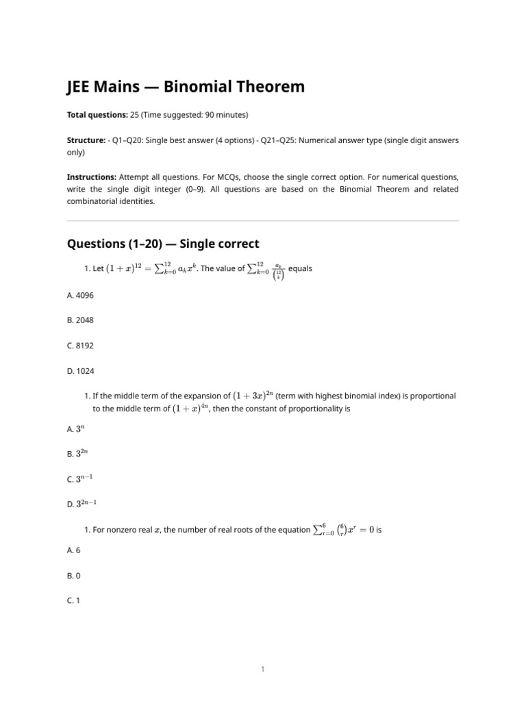 JEE Mains Binomial Theorem Questions | PDF | Mathematical Objects ...