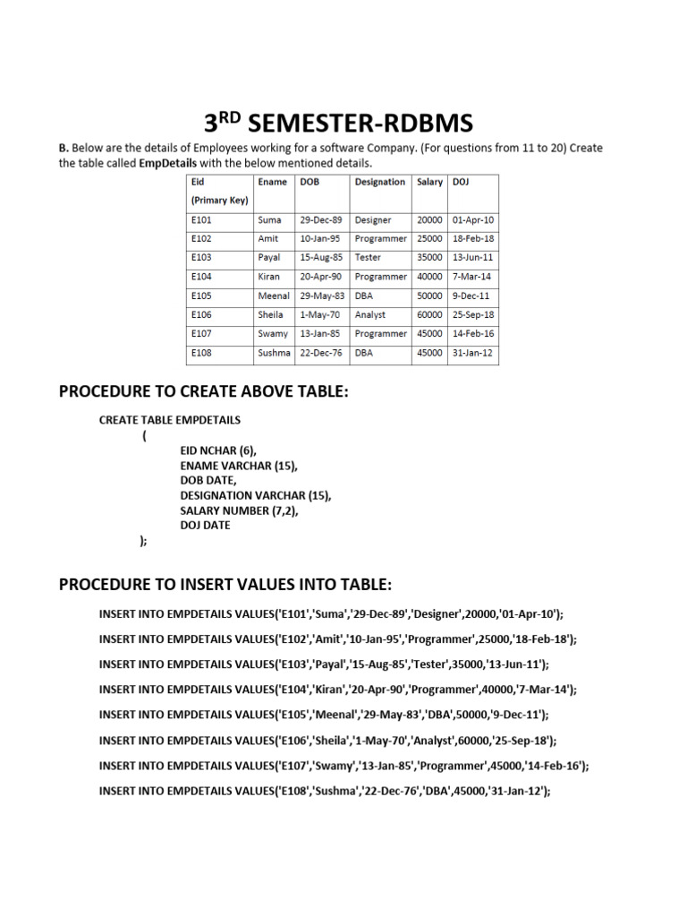 RDBMS Employee Table SQL Queries | PDF | Software Engineering ...