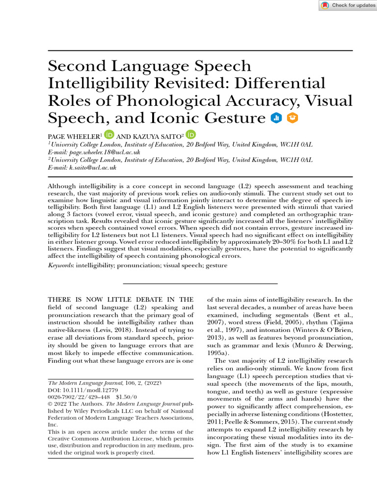 Enhancing L2 Speech Intelligibility with Gestures | PDF | Speech | Gesture