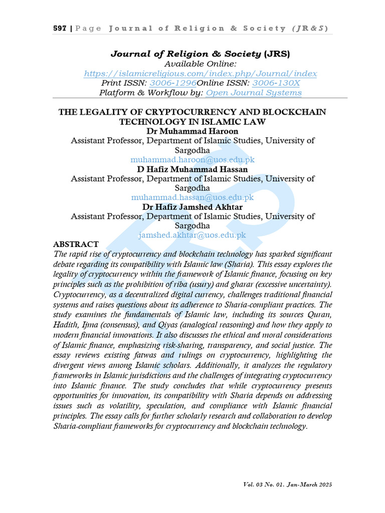 Journal of Religion & Society: 3006-1296 3006-130X Open Journal Systems |  PDF | Sharia | Cryptocurrency