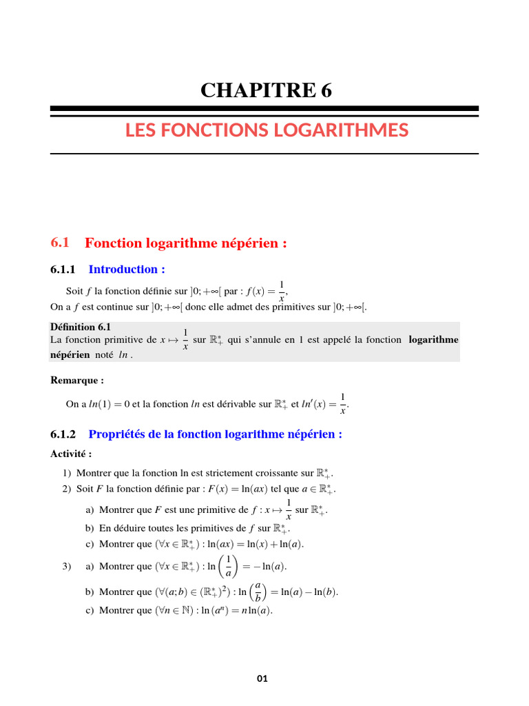 Propriétés et applications du logarithme népérien | PDF | Limite ...