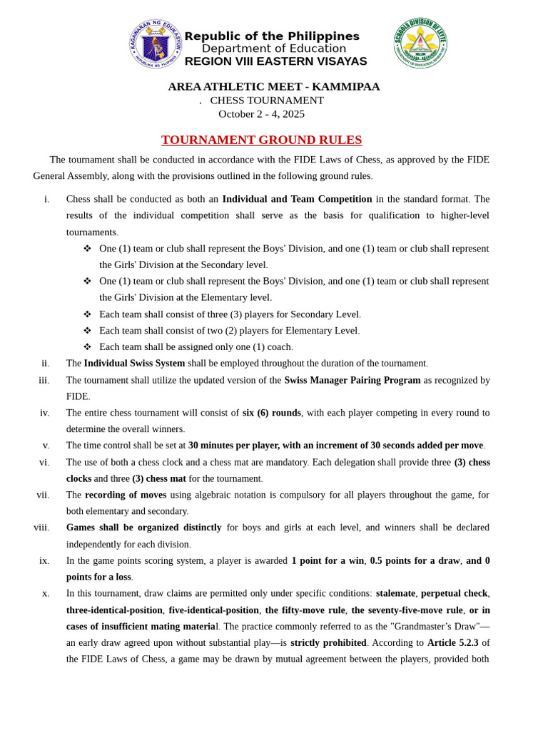 KAMMIPAA Chess Tournament Rules 2025 | PDF | Chess | Traditional Board ...