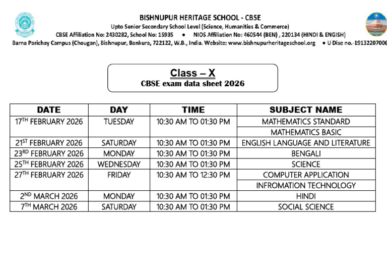 CBSE Class X Exam Schedule 2026 | PDF