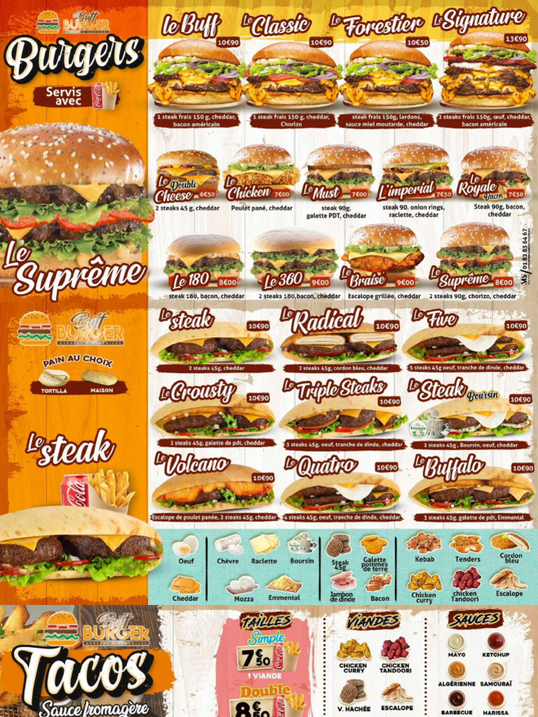 Carte Menu Buff Hallal Burger Des Burgers Des Sandwichs Des Pizzas Des ...