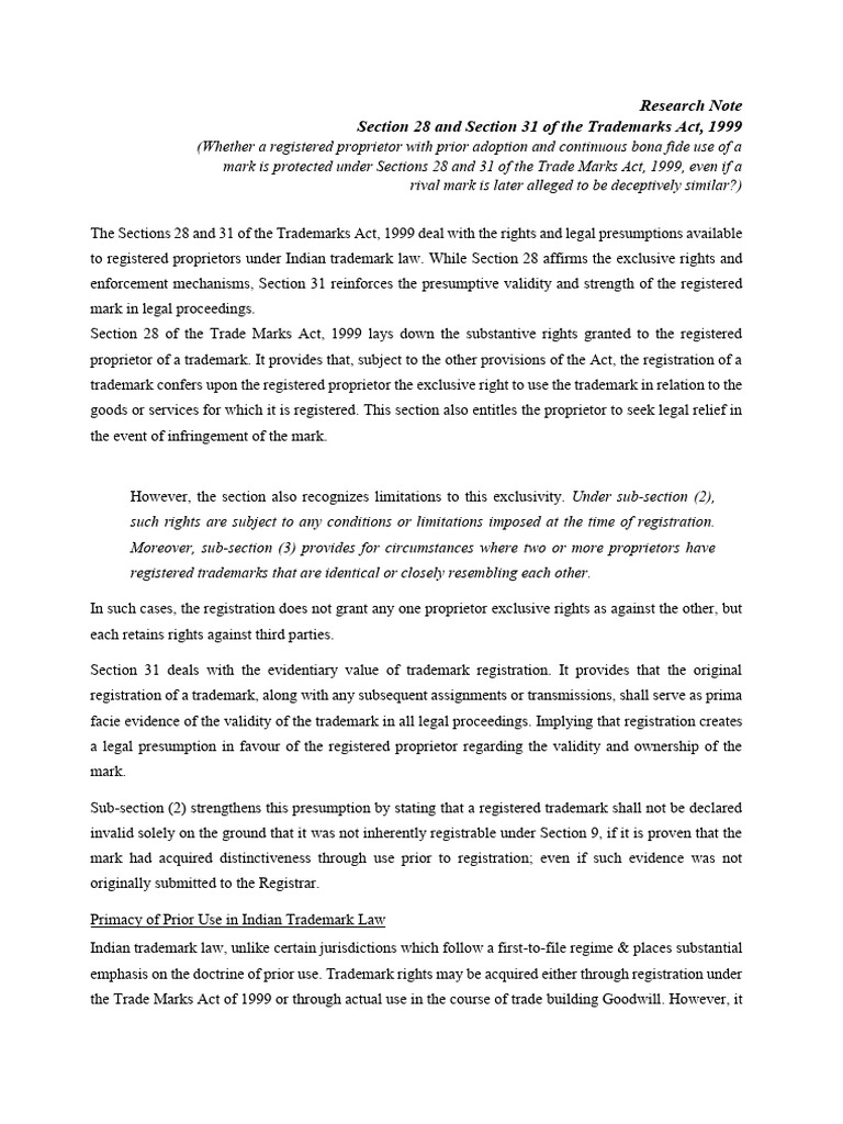 Research Note Section 28 and Section 31 of The Trademarks Act, 1999 ... - Shall Research Report Include Trademark