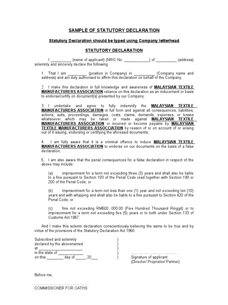 Sample Of Statutory Declaration Pdf