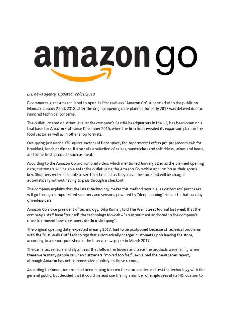 Amazon Go Supermarket Launch Details | PDF | Supermarket