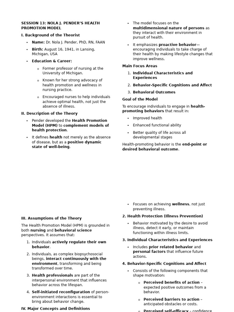 Nola Pender's Health Promotion Model | PDF | Self Efficacy | Behavior